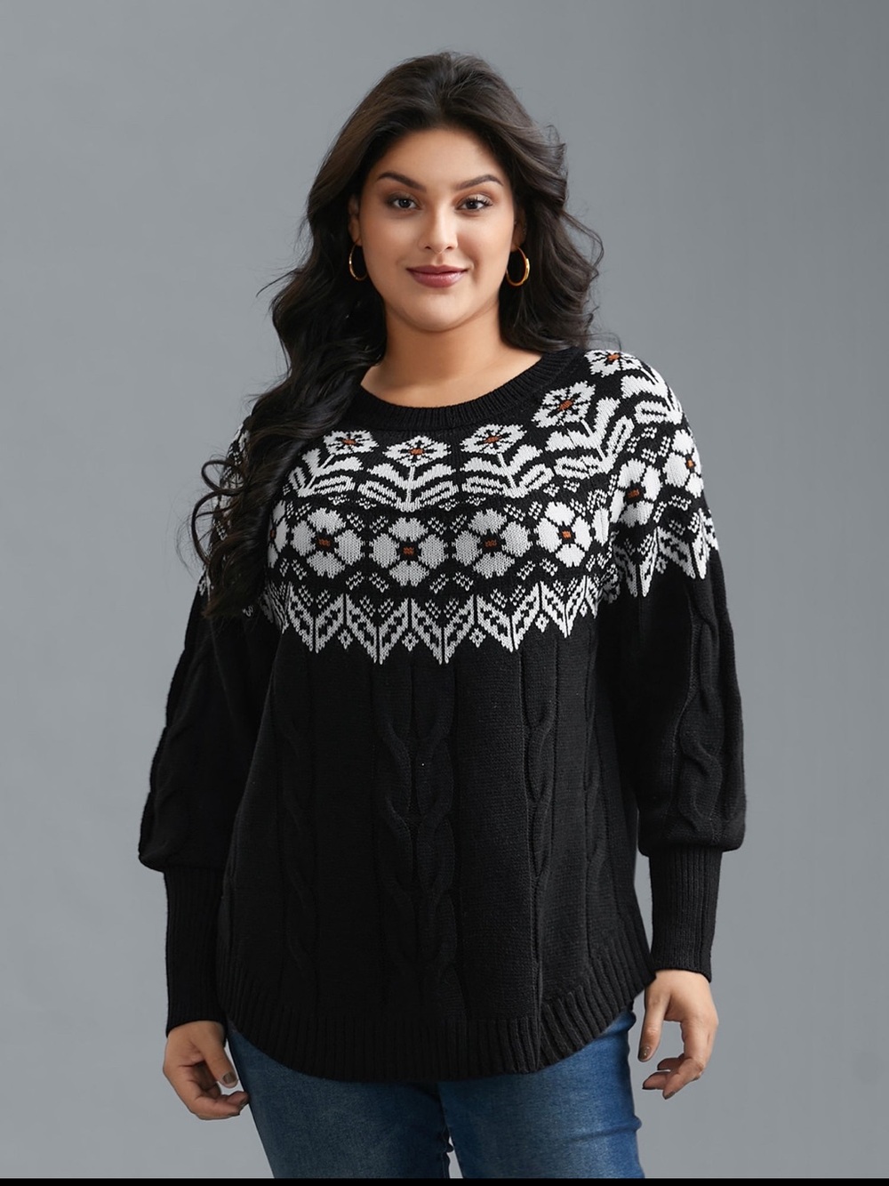 BloomChic Black Cable Knit Crew Sweater with White Floral Yoke
